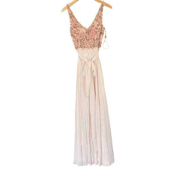 Anthropologie BHLDN Kiera Pink Chiffon Formal Gown with Floral Beading 4